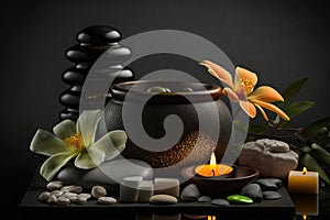 Spa items, massage, relaxation and relaxation. Stones, oils and candles.