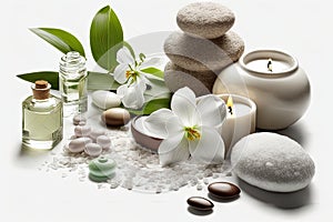 Spa items, massage, relaxation and relaxation. Stones, oils and candles on a black background.