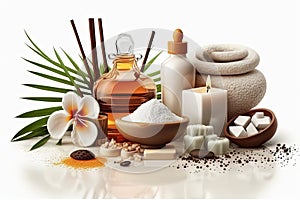 Spa items, massage, relaxation and relaxation. Stones, oils and candles on a black background.