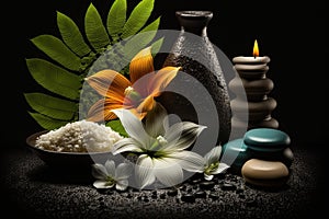 Spa items, massage, relaxation and relaxation. Stones, oils and candles on a black background.