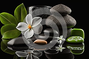 Spa items, massage, relaxation and relaxation. Stones, oils and candles on a black background.