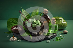 Spa items, massage, relaxation and relaxation. Stones, oils and candles on a green background.