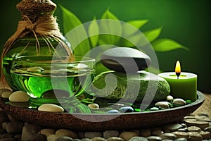 Spa items, massage, relaxation and relaxation. Stones, oils and candles on a green background.