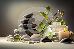 Spa items, massage, relaxation and relaxation. Stones, oils and candles on a red background.