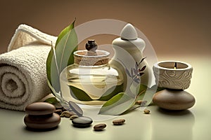 Spa items, massage, relaxation and relaxation. Stones, oils and candles on a red background.