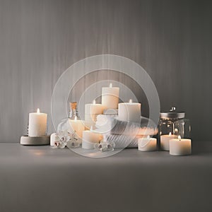 SPA items, towels and candles. Zen concept, healthcare and medicine. AI generative