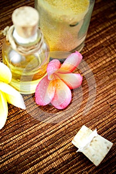 Spa items and tropical flowers