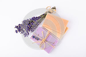 spa lavender. Sea salt and handmade soap isolated on white background.