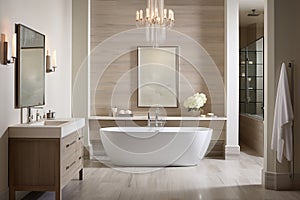 A spa-like bathroom with light-colored tiles, a freestanding tub, and elegant fixtures for a luxurious touch. photo