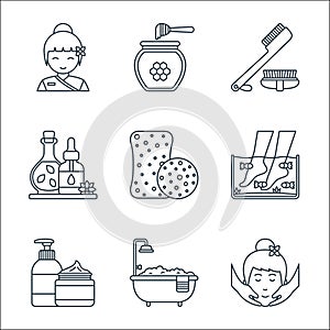 Spa line icons. linear set. quality vector line set such as face massage, bathtub, cream, pedicure, sponge, essential oil, brush,