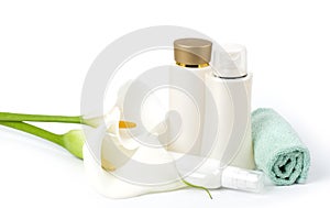 Spa lotions, white calla and towel