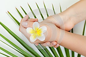 Spa manicure. Beautiful female hands with flowers