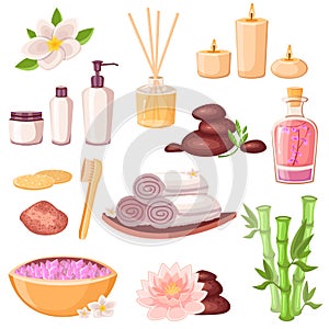 Spa massage and beauty salon icons set. Vector cartoon illustration. Body care and natural treatment concept