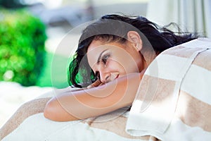 Spa Massage. Closeup Of Beautiful Healthy Happy Smiling Woman Ge