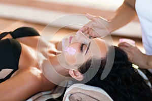 Spa Massage. Closeup Of Beautiful Healthy Happy Smiling Woman Ge