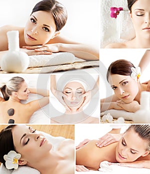 Spa and massage collage with young women