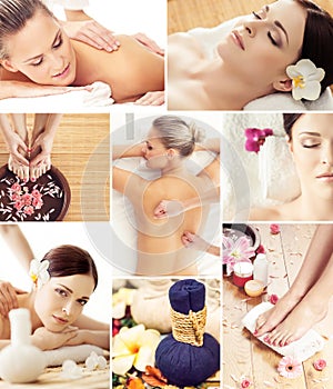 Spa and massage collage with young women