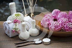 Spa massage compress balls, herbal ball with treaments spa and lotus , Thailand, soft focus