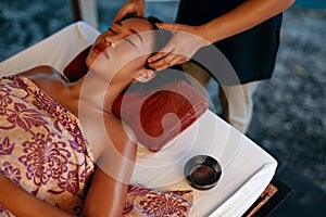 Spa Massage. Hands Massaging Woman Head At Thai Beauty Salon