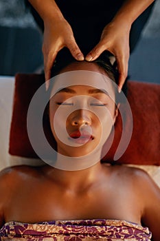 Spa Massage. Hands Massaging Woman Head At Thai Beauty Salon