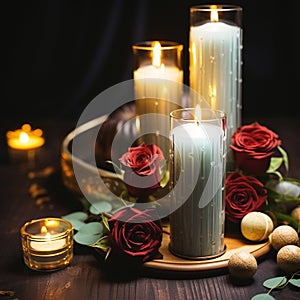 ,spa massage salonromantic spa cozy atmosfear candle blurred light pink flowers relaxing salon background