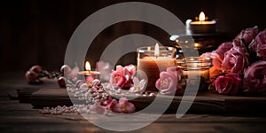 ,spa massage salonromantic spa cozy atmosfear candle blurred light pink flowers relaxing salon background