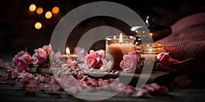 ,spa massage salonromantic spa cozy atmosfear candle blurred light pink flowers relaxing salon background