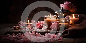 ,spa massage salonromantic spa cozy atmosfear candle blurred light pink flowers relaxing salon background