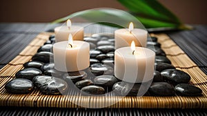 Spa Massage Stones With Candles And Towels On Bamboo Mat, generative ai