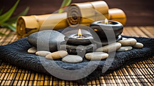 Spa Massage Stones With Candles And Towels On Bamboo Mat - Meditation Concept, generative ai