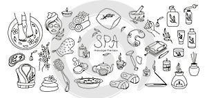 Spa massage therapy outline icons set. Monochrome.