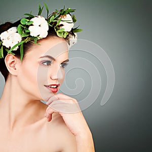 Spa Model with Healty Clean Skin and Cotton Flowers Wr