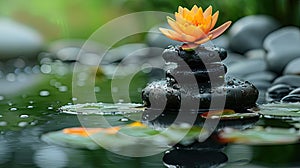 Spa - Natural Alternative Therapy With Massage Stones And Waterlily In Water. AI Generated