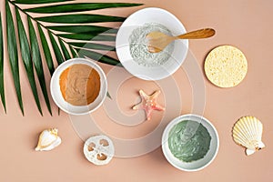 SPA natural organic clay face masks with tropical palm leaf and seashell on peach background. Summer facial skin care concept. Top