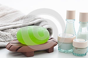 Spa Package with aloe vera soap, towel and lotion bottles