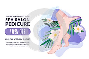 Spa pedicure and feet massage, vector illustration. Women legs, tropical leaves, flowers on water splash background