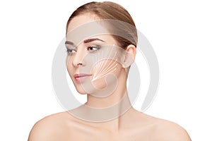 Spa portrait of woman with arrows on her face on white backgroun