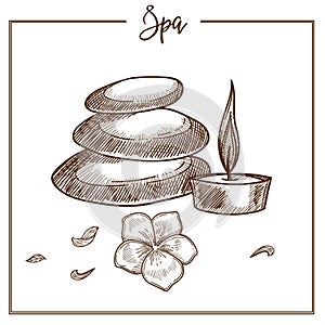 Spa procedure composed of massage with hot stones and candle