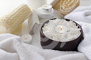 Spa procedures. Candles, sea salt, towels, brushes, sponges for massage and shower