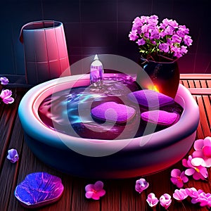 Spa and relaxation scene with stones in a round bowl and flowers in a pot AI Generated