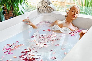 Spa Relaxation. Woman Body Care. Flower Bath. Beauty Skincare