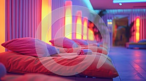 spa relaxation zone unwind on cozy loungers with calming music on international self care day concept banner