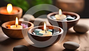 Spa resort concept - Close up of floating aromatherapy candles in wooden bowls