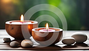 Spa resort concept - Close up of floating aromatherapy candles in wooden bowls