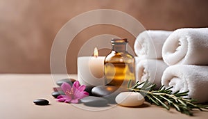 Spa resort concept - Close up of rosemary with towels, candles and stones