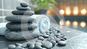 Spa Retreat with Stacked Zen Stones and Rolled Towel