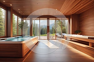 spa room interior with swimming pool and bath tub, wooden walls, natural view from big windows, country house spa salon