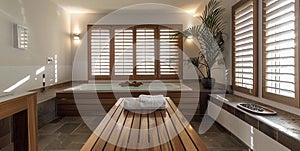 Spa room with wooden table and shutters