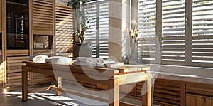 Spa room with wooden table and shutters