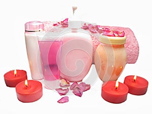 Spa rose petals cremes shampoo and candles